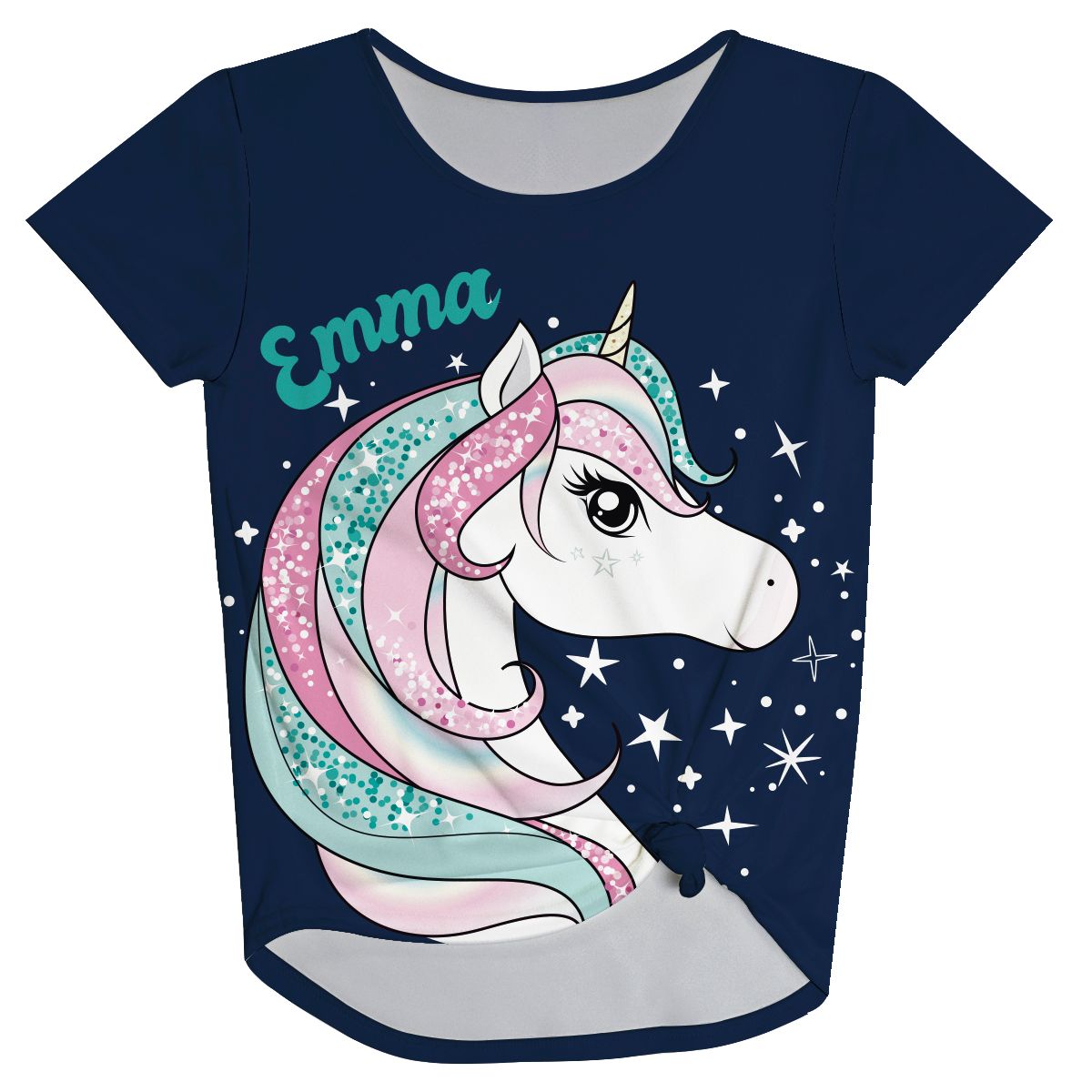 Unicorn Personalized Name Navy Knot Top