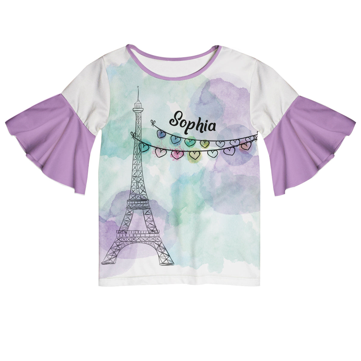 Eiffel Tower Name White And Purple Short Sleeve Ruffle Top
