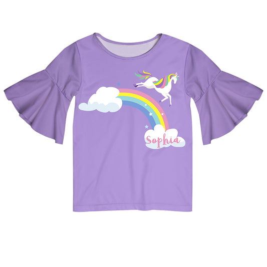Unicorn and Rainbow Name Purple Short Sleeve Ruffle Top