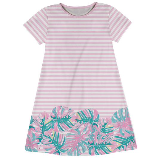 Leaves White and Pink Stripes Short Sleeve A Line Dress