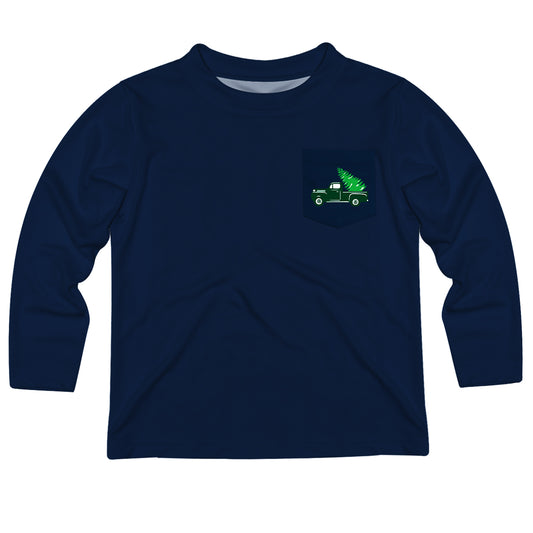 Truck with Christmas Tree Navy Long Sleeve Tee Shirt With Pocket