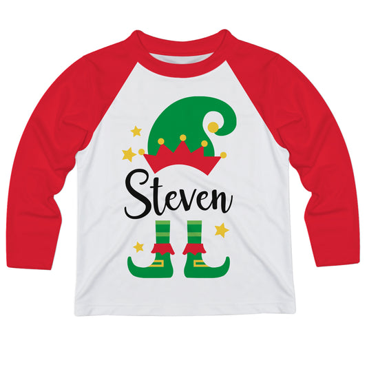 Elf Hat and Feet Personalized Name White and Red Raglan Long Sleeve Tee Shirt