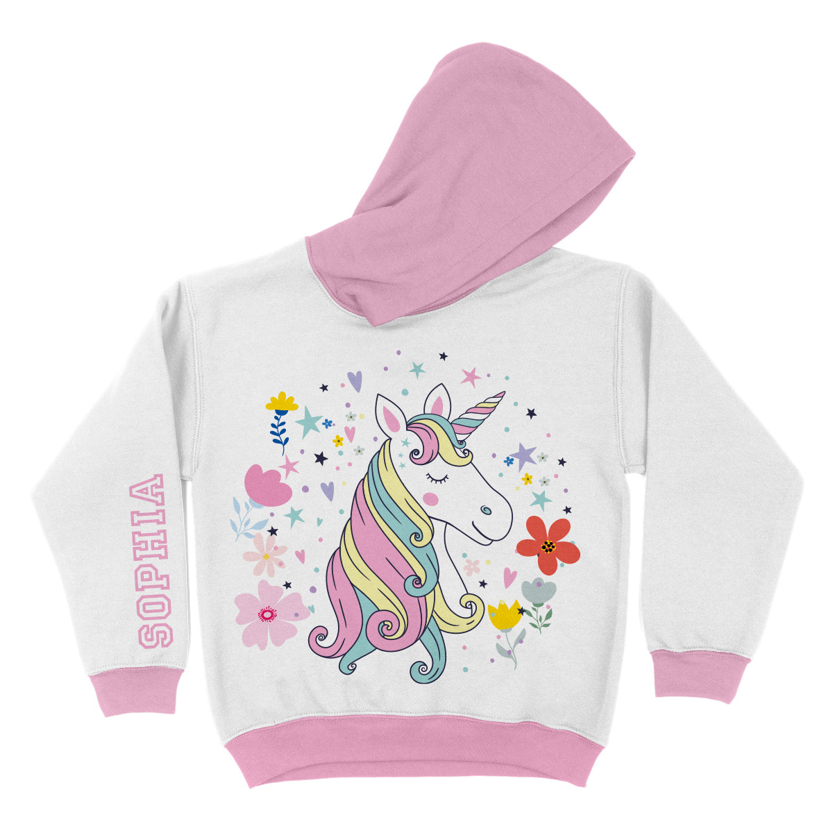 Unicorn Personalized Name White and Pink Fleece Long Sleeve Hoodie