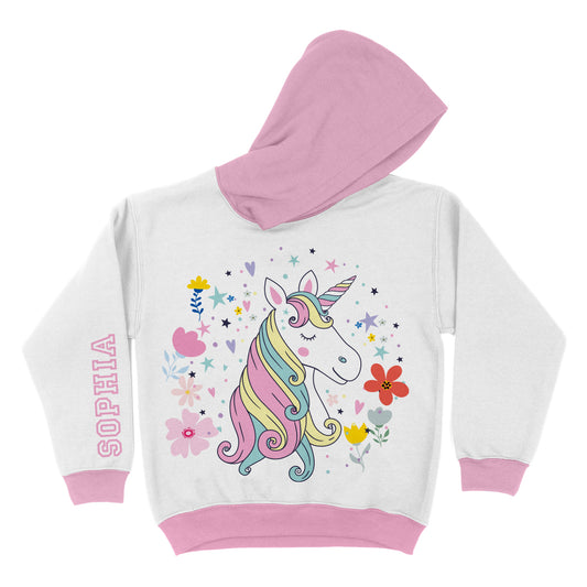 Unicorn Personalized Name White and Pink Fleece Long Sleeve Hoodie
