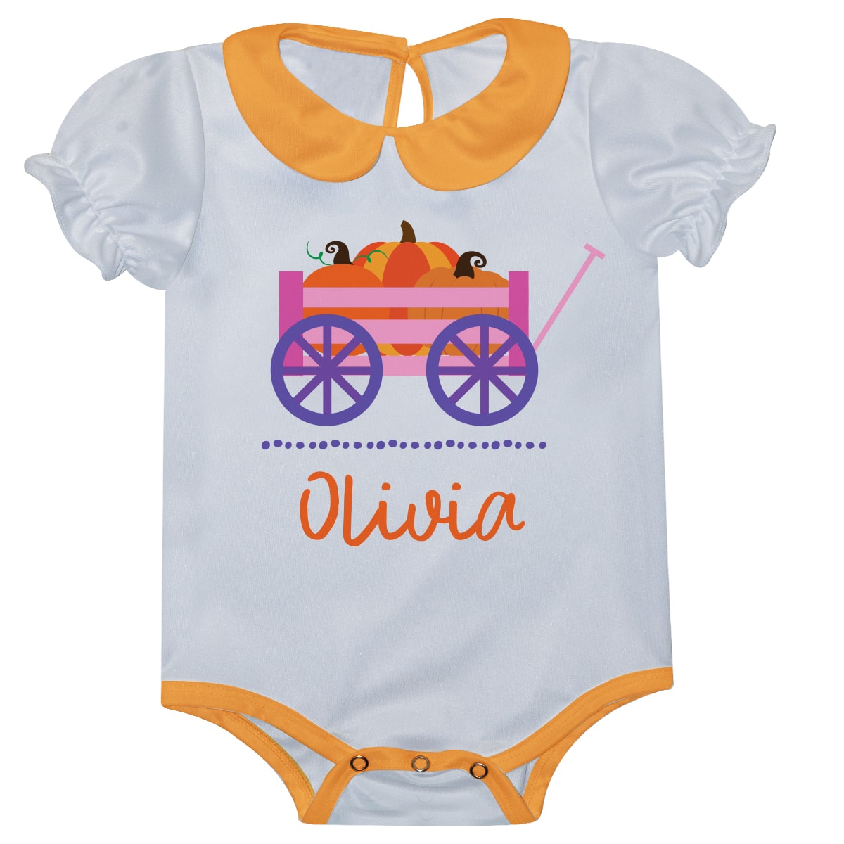 Cart With Pumpkin and Name White Puff Sleeve Girl Onesie - Wimziy&Co.