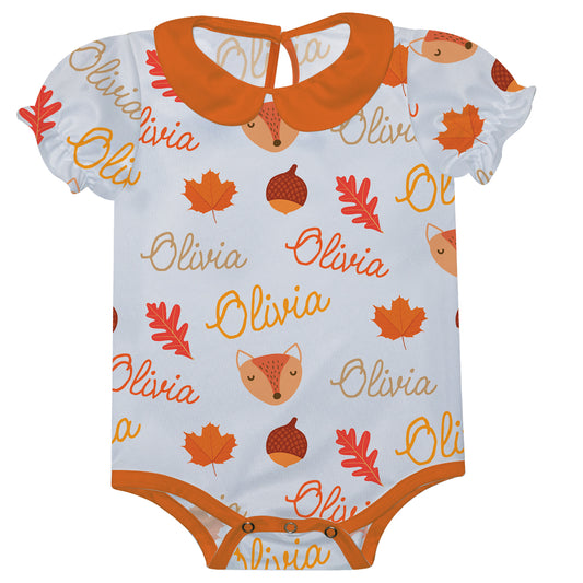 Girls white and orange leaves and foxes onesie with name - Wimziy&Co.