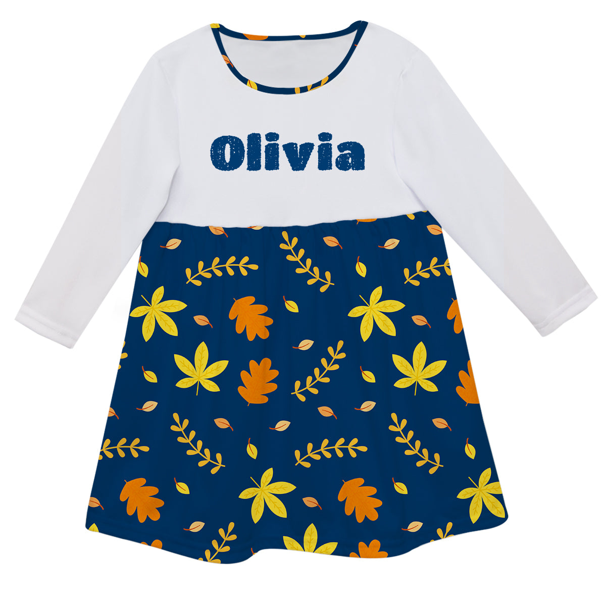 Girls blue and white leaves dress with name - Wimziy&Co.