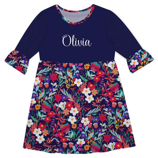 Girls blue flowers dress with name - Wimziy&Co.