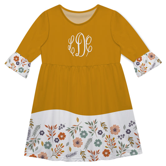 Girls mustar and white flowers dress with monogram - Wimziy&Co.