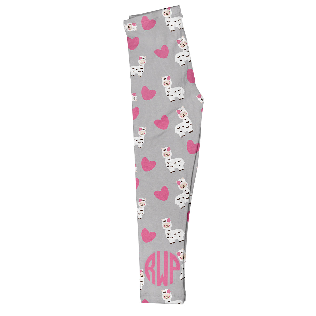 Gray and pink hearts with llamas girls leggings with monogram - Wimziy&Co.