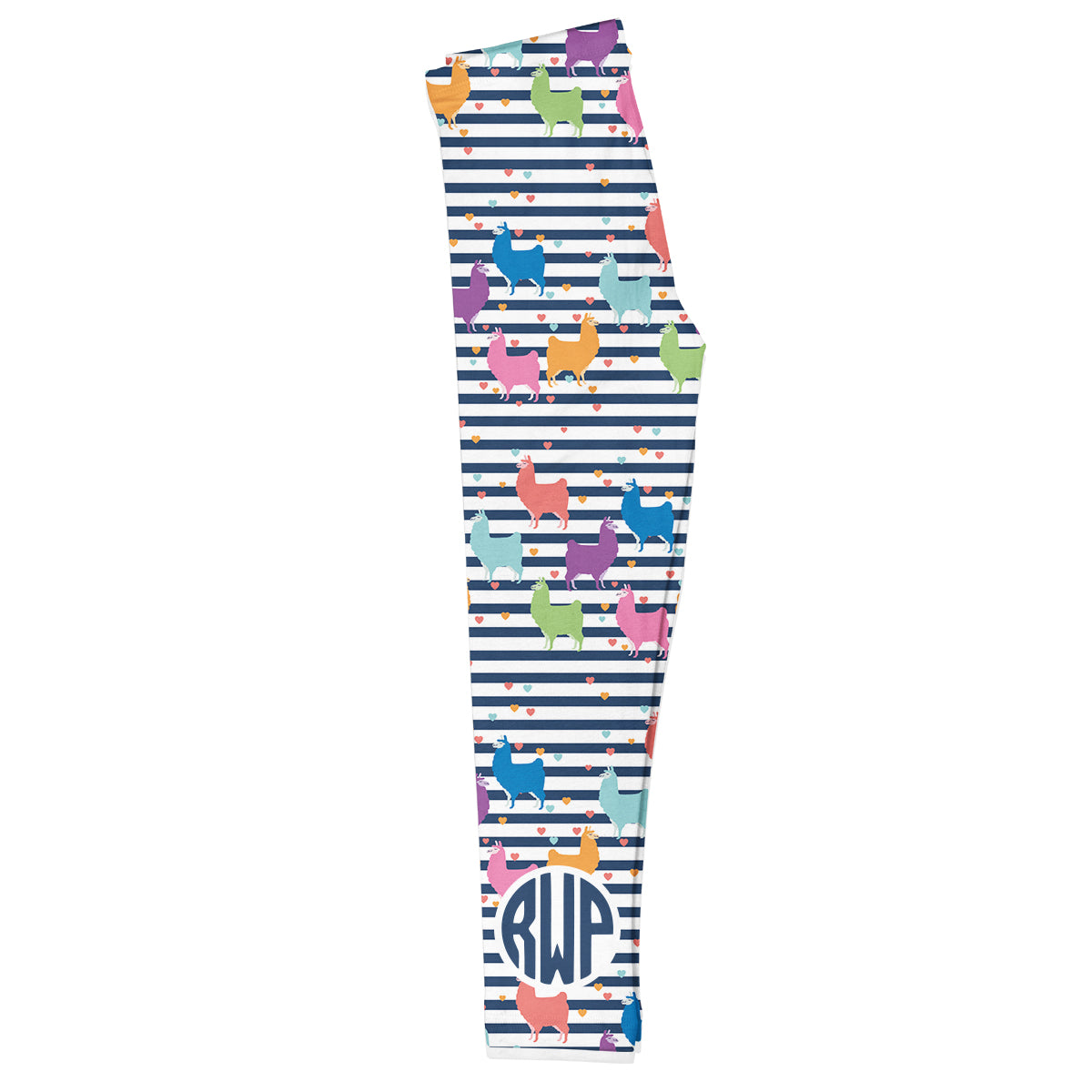 White and navy stripes leggings with multicolor llamas and monogram - Wimziy&Co.