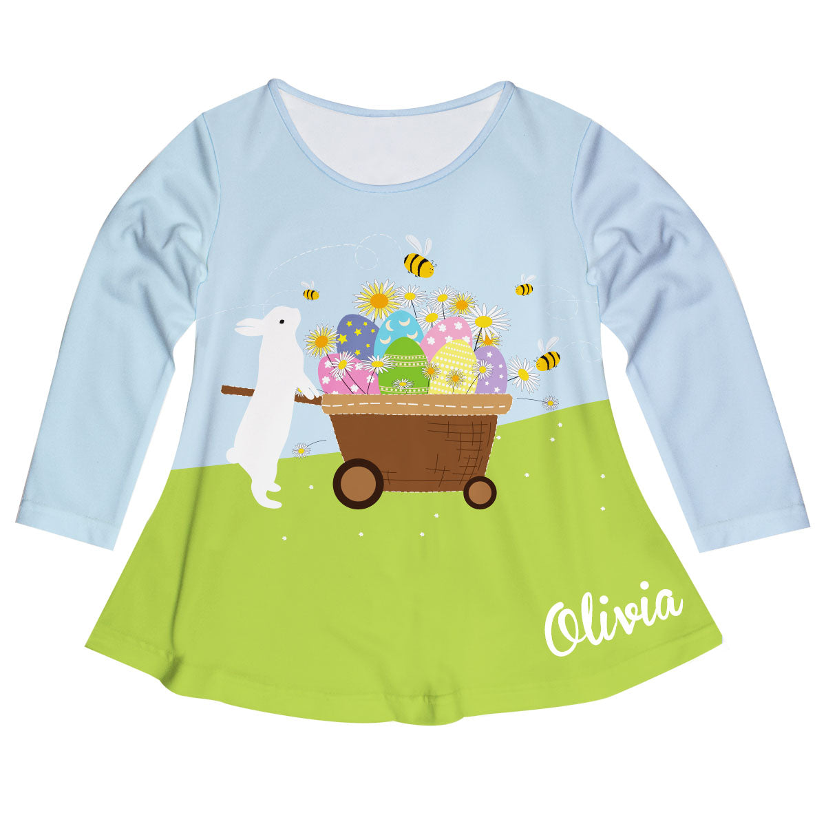 Bunny And Easter Eggs Name Light Blue And Green Long Sleeve Laurie Top - Wimziy&Co.