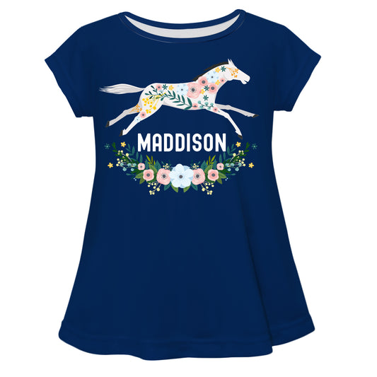 Floral Horse Name Navy Short Sleeve Laurie Top - Wimziy&Co.