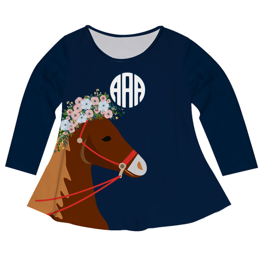 Navy long sleeve blouse with horse and monogram - Wimziy&Co.
