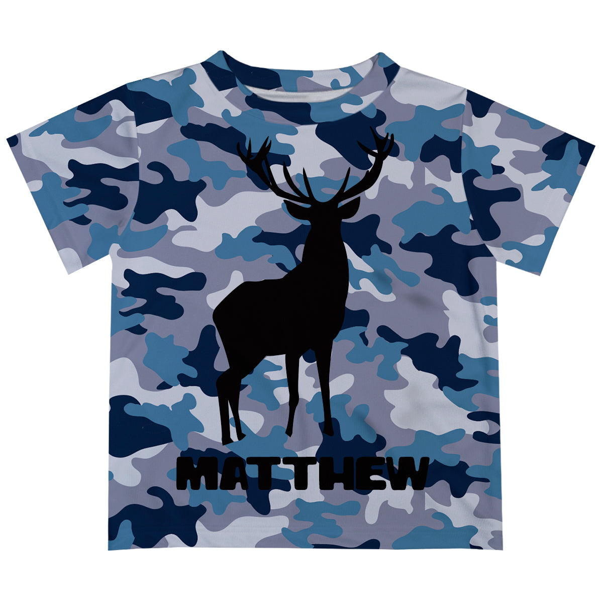 Boys blue camo and black deer short sleeve tee shirt with name - Wimziy&Co.