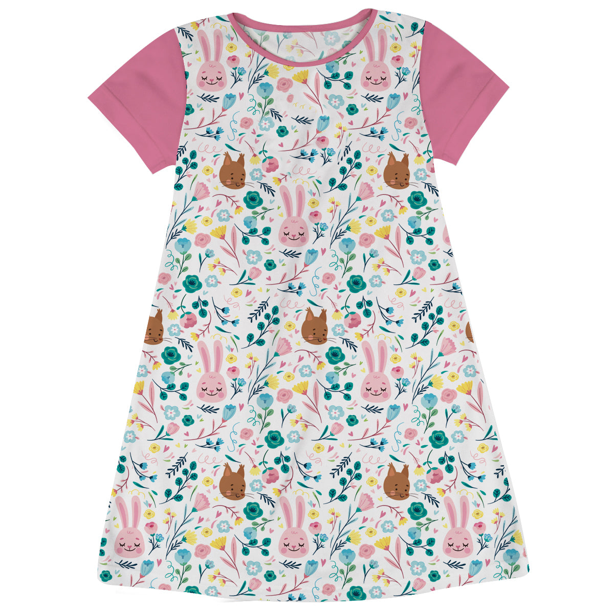 Animals And Flowers Print White And Pink Short Sleeve A Line Dress - Wimziy&Co.