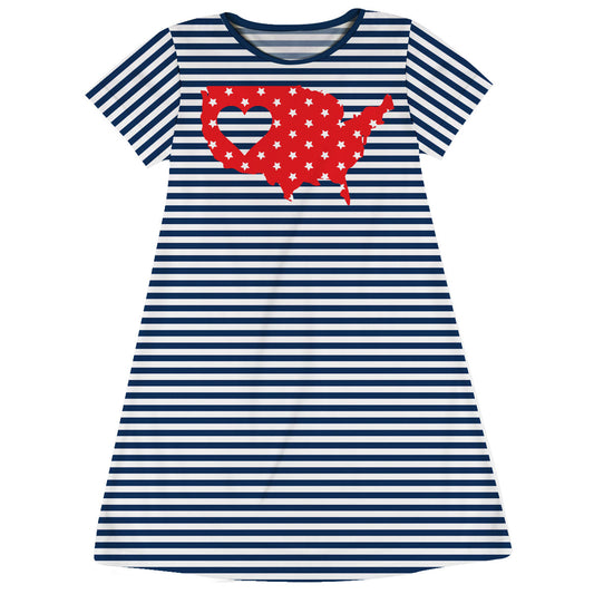 I Love American Navy And White Stripes Short Sleeve A Line Dress - Wimziy&Co.