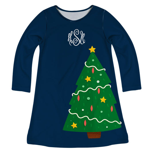 Navy long sleeve a line dress with Christmas tree and monogram - Wimziy&Co.