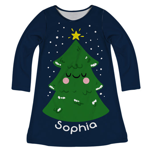 Navy long sleeve a line dress with Christmas tree and name - Wimziy&Co.