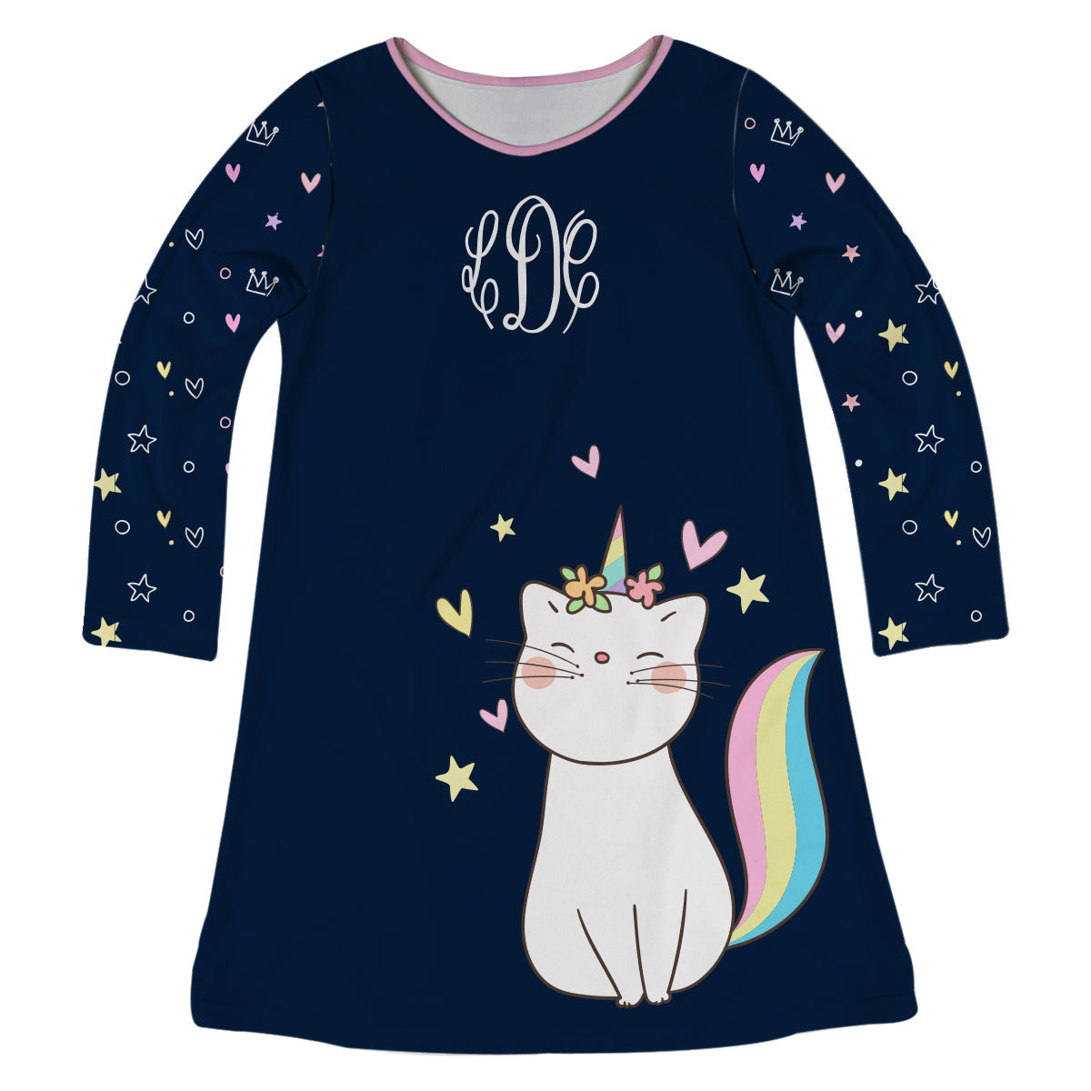 Navy and white cat unicorn girls a line dress with monogram - Wimziy&Co.
