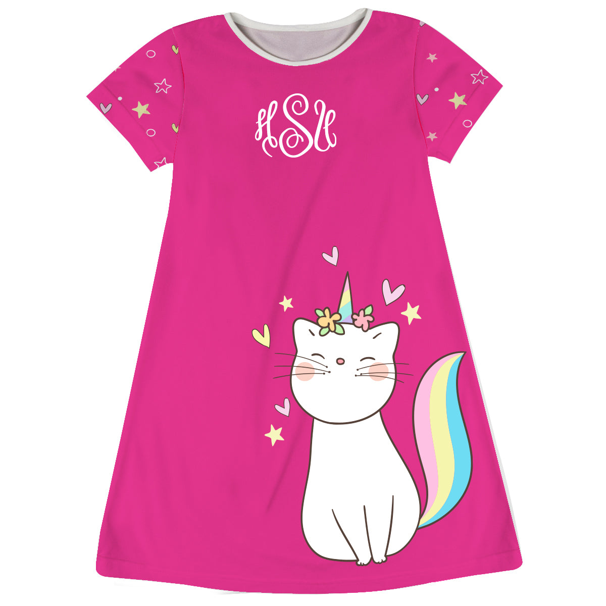Hot pink and white cat unicorn a line dress with monogram - Wimziy&Co.