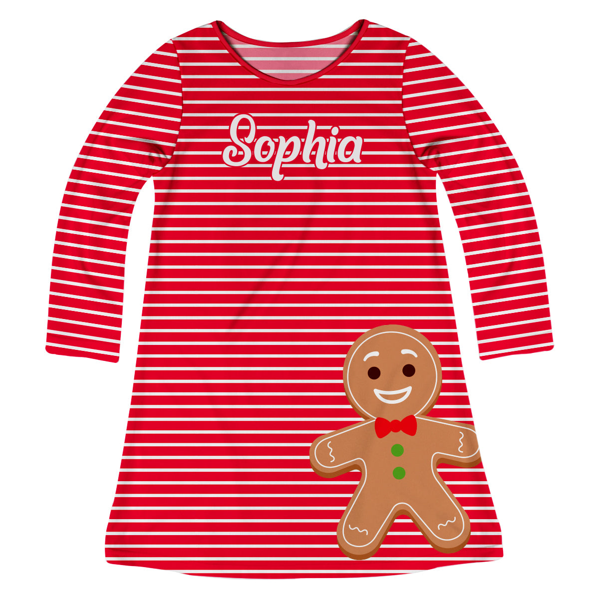 Red and white stripes gingerbread girls a line dress with name - Wimziy&Co.