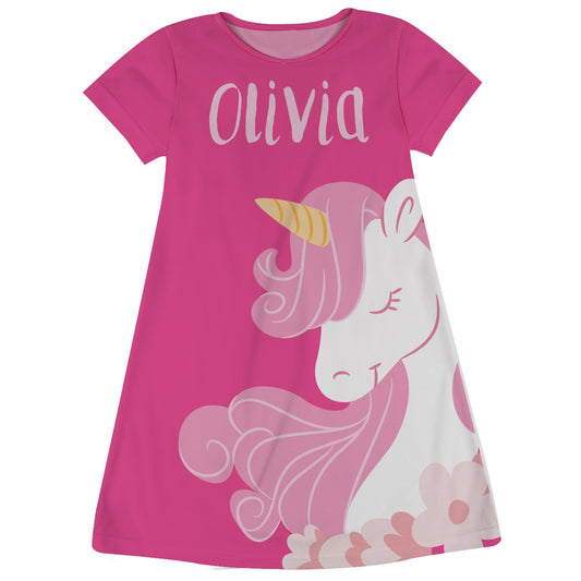 Hot pink and white big unicorn a line dress with name - Wimziy&Co.
