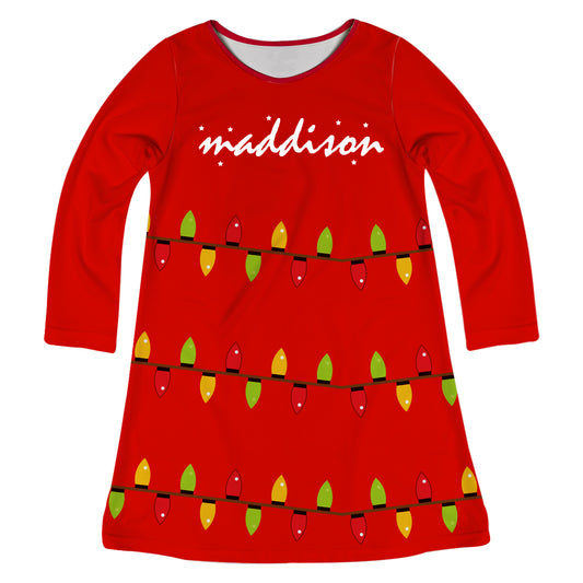 Red long sleeve dress with Christmas lights and name - Wimziy&Co.