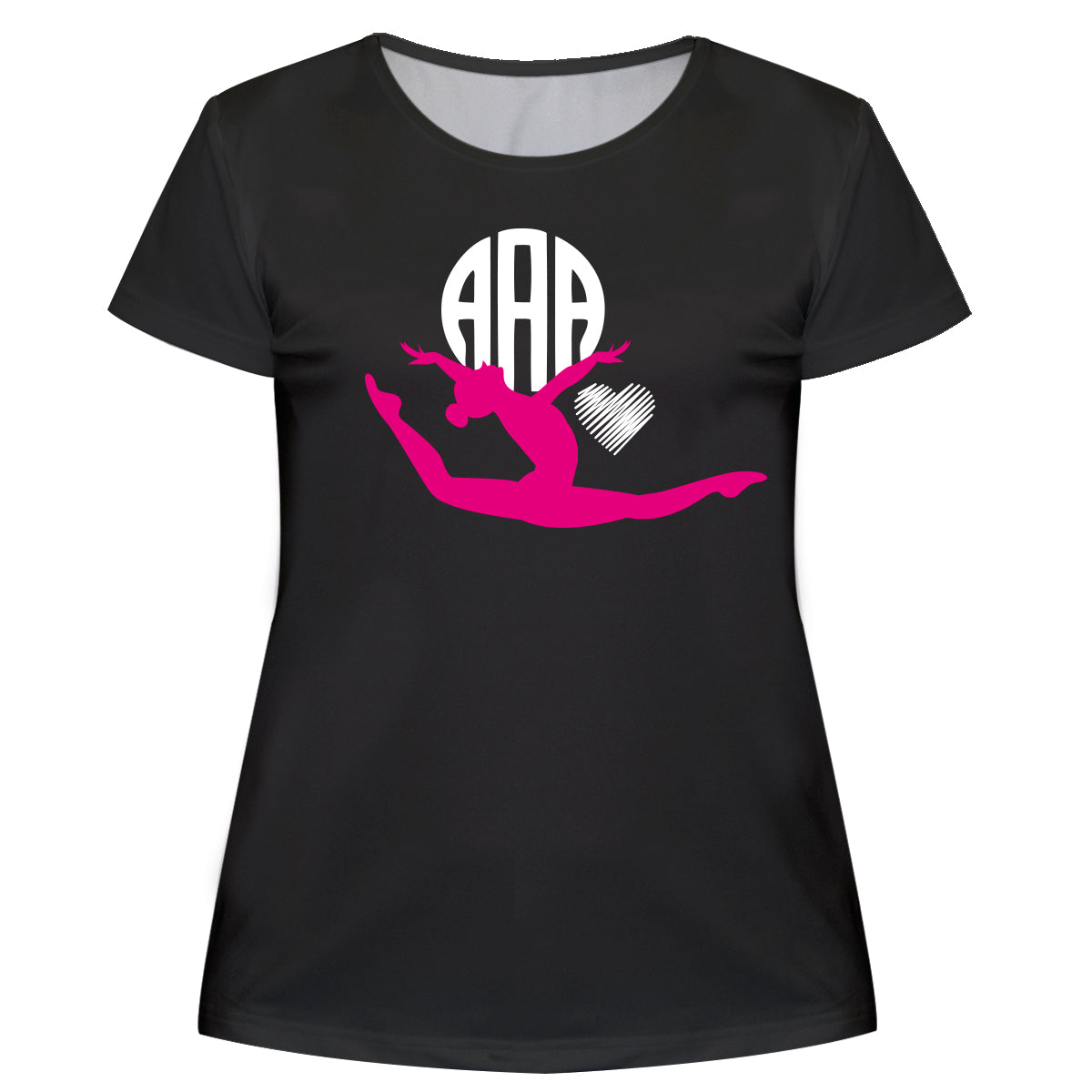 Gymnast Heart Monogram Black Short Sleeve Girls Tee Shirt - Wimziy&Co.