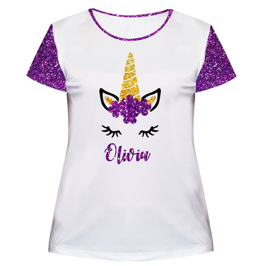 Unicorn Name White and Purple Glitter Short Sleeve Tee Shirt - Wimziy&Co.
