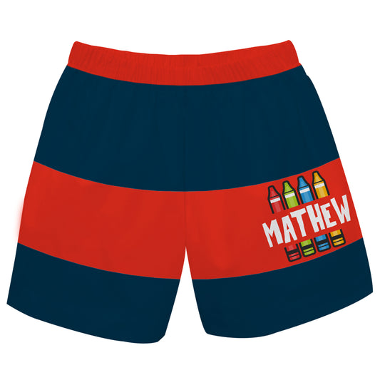 Crayons Name Stripe Navy and Red Boys Pull On Short - Wimziy&Co.