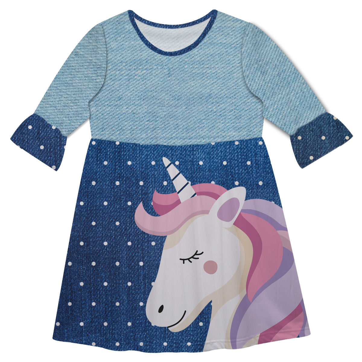 Unicorn Blue Denim Amy Dress Three Quarter Sleeve - Wimziy&Co.