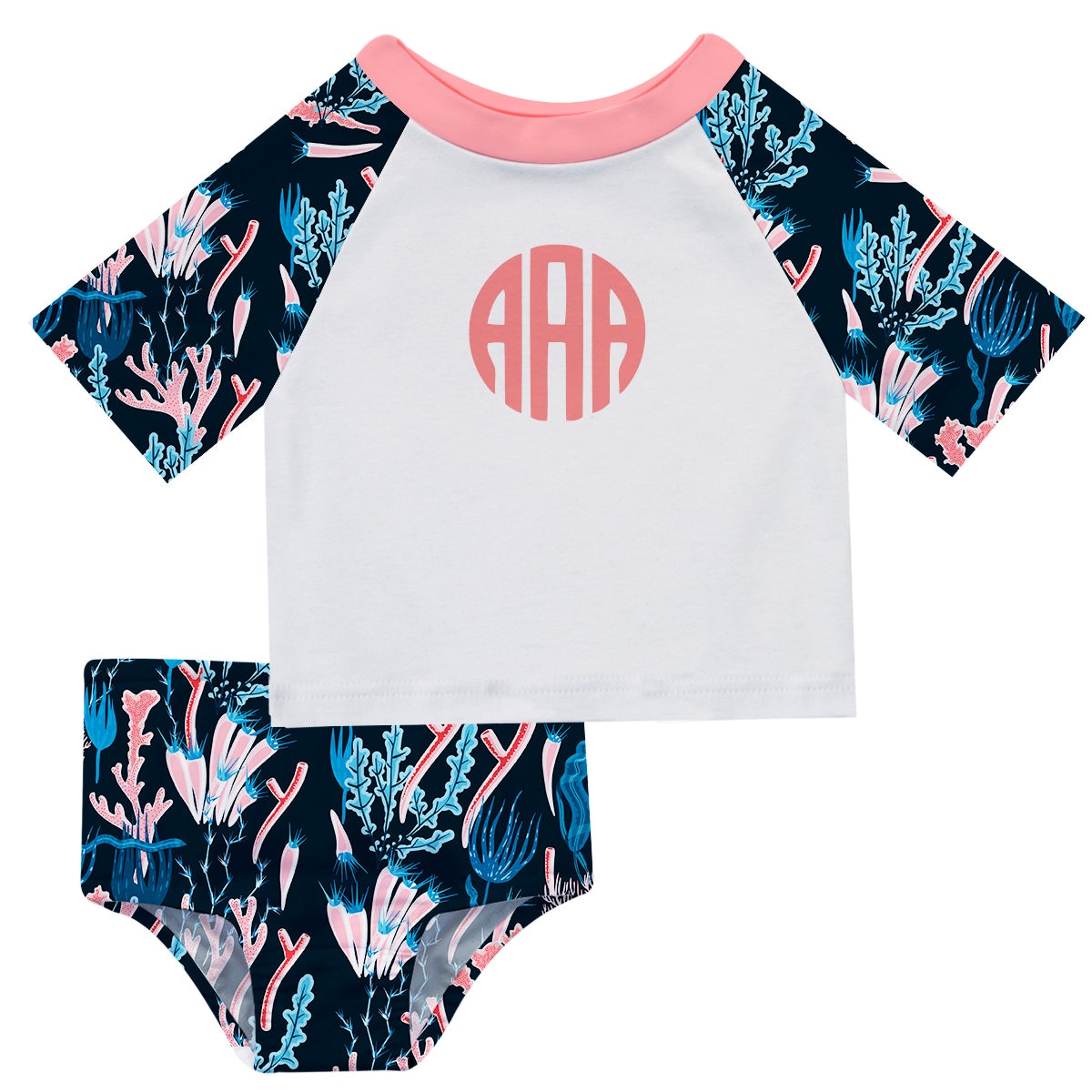 Coral Print Monogram White and Navy 2pc Short Sleeve Rash Guard - Wimziy&Co.