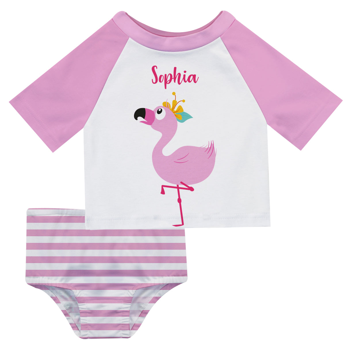 Flamingo Name White and Pink Stripes 2pc Short Sleeve Rash Guard - Wimziy&Co.