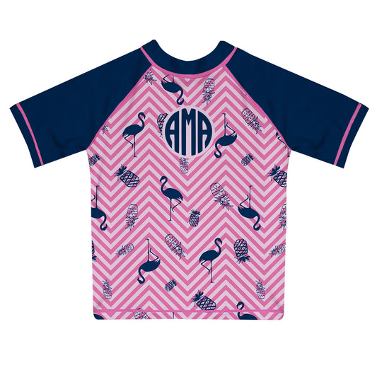 Flamingo And Pineapple Pink And Navy Short Sleeve Rash Guard - Wimziy&Co.