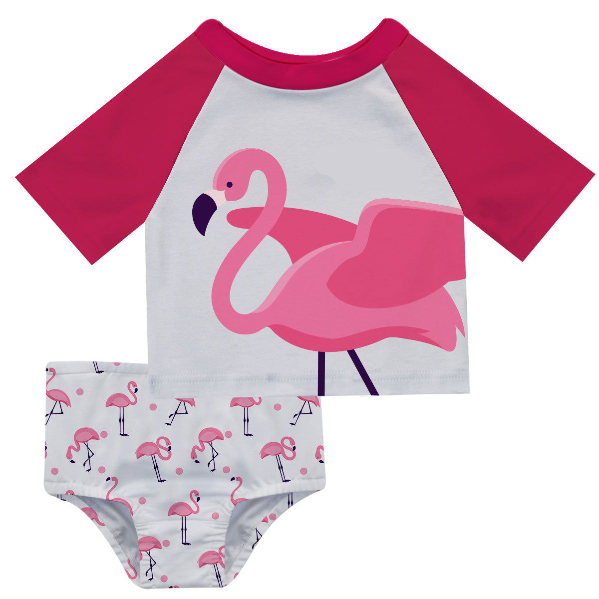 Flamingo Name White and Hot Pink 2pc Short Sleeve Rash Guard - Wimziy&Co.