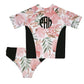 Floral Personalized Monogram White and Black 2pc Short Sleeve Rash Guard
