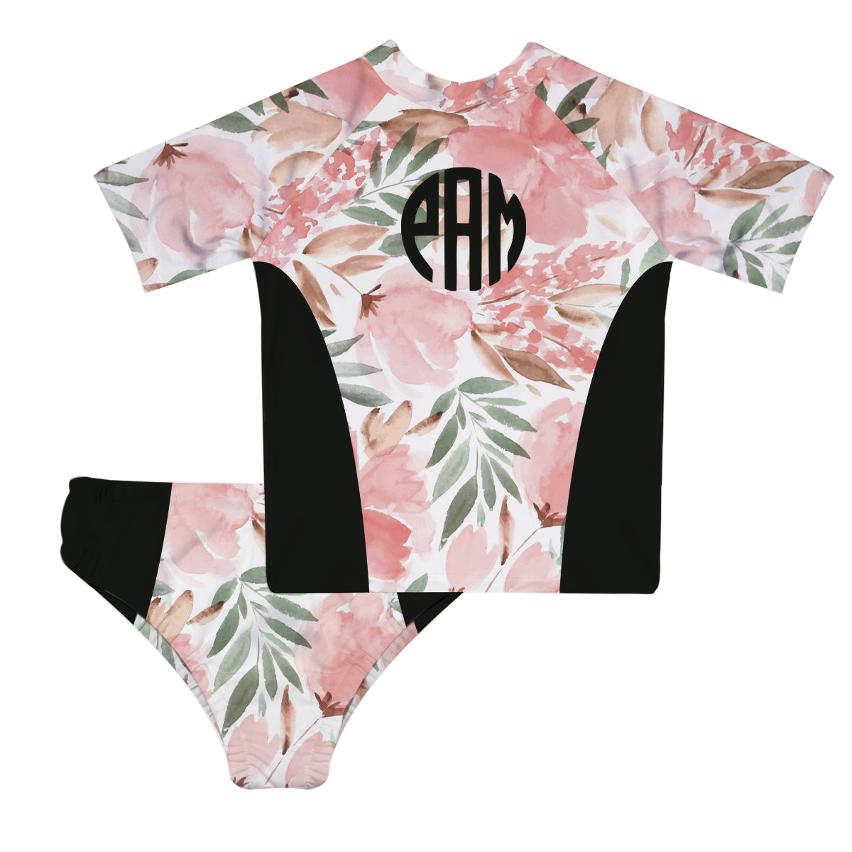 Floral Personalized Monogram White and Black 2pc Short Sleeve Rash Guard