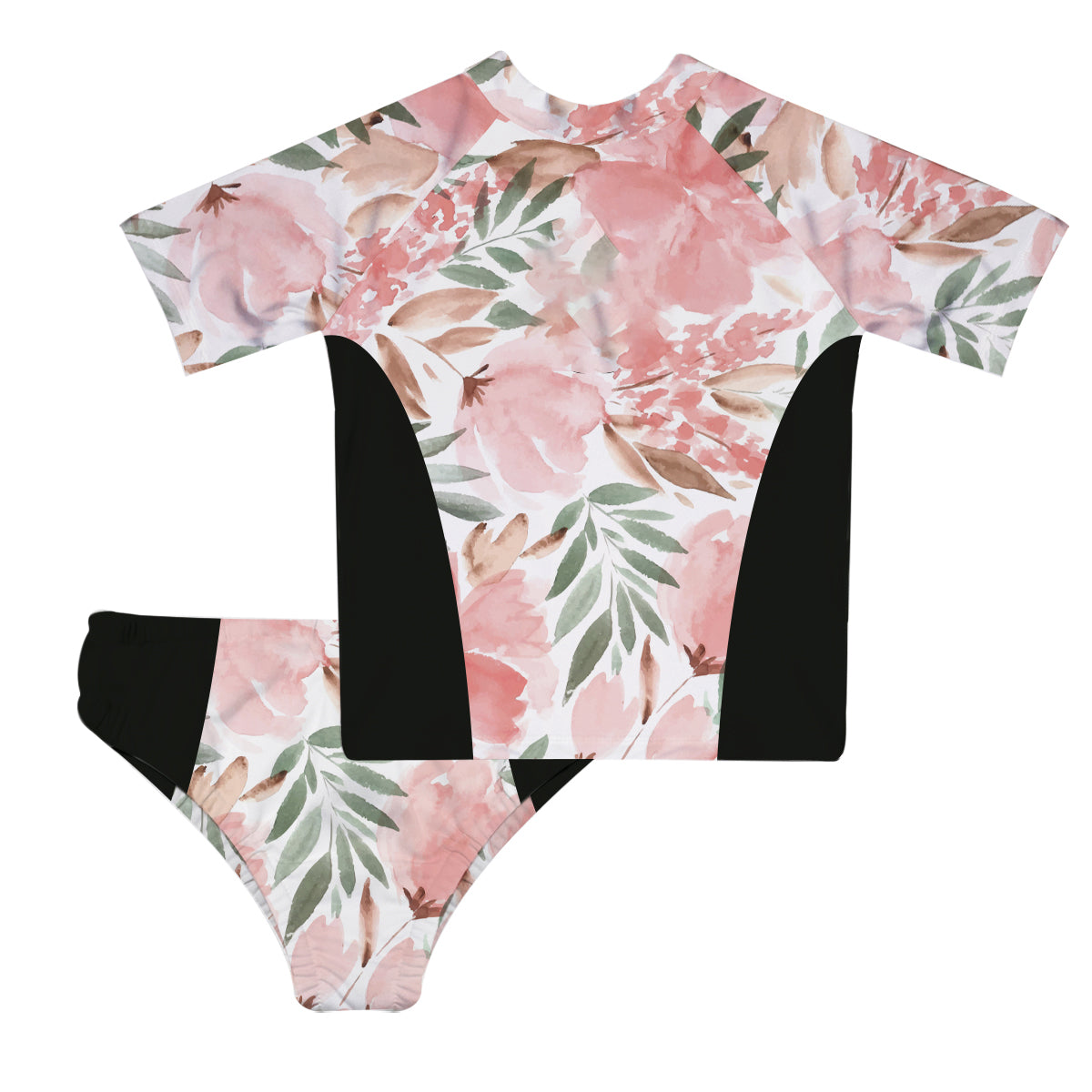 Floral Personalized Monogram White and Black 2pc Short Sleeve Rash Guard - Wimziy&Co.