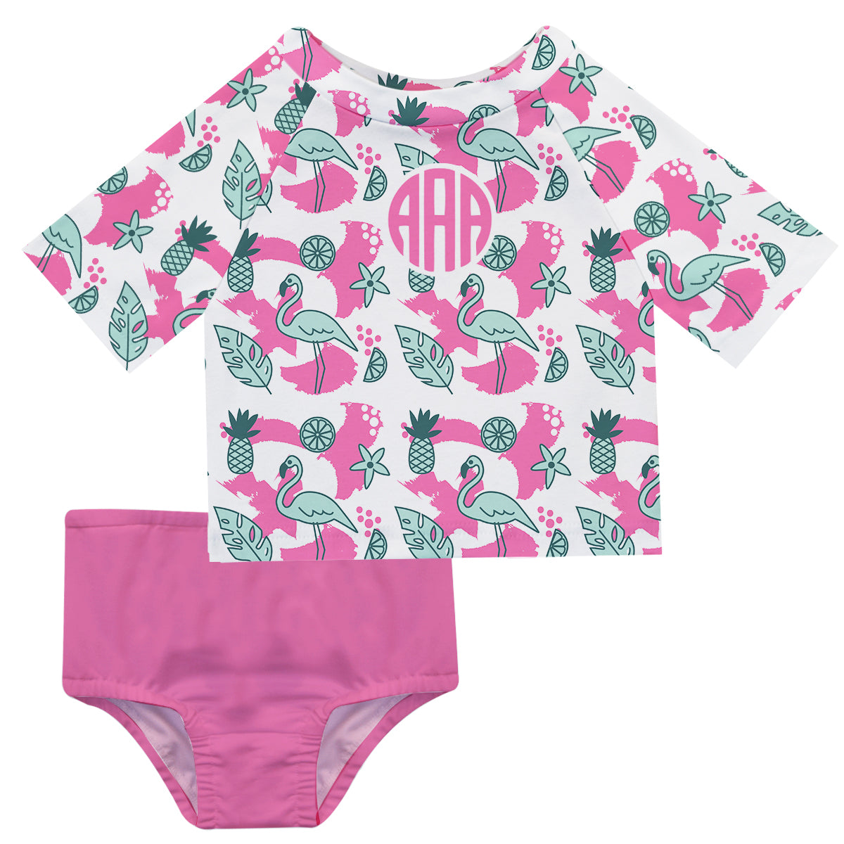 Flamingo Print Monogram White and Pink 2pc Short Sleeve Rash Guard - Wimziy&Co.