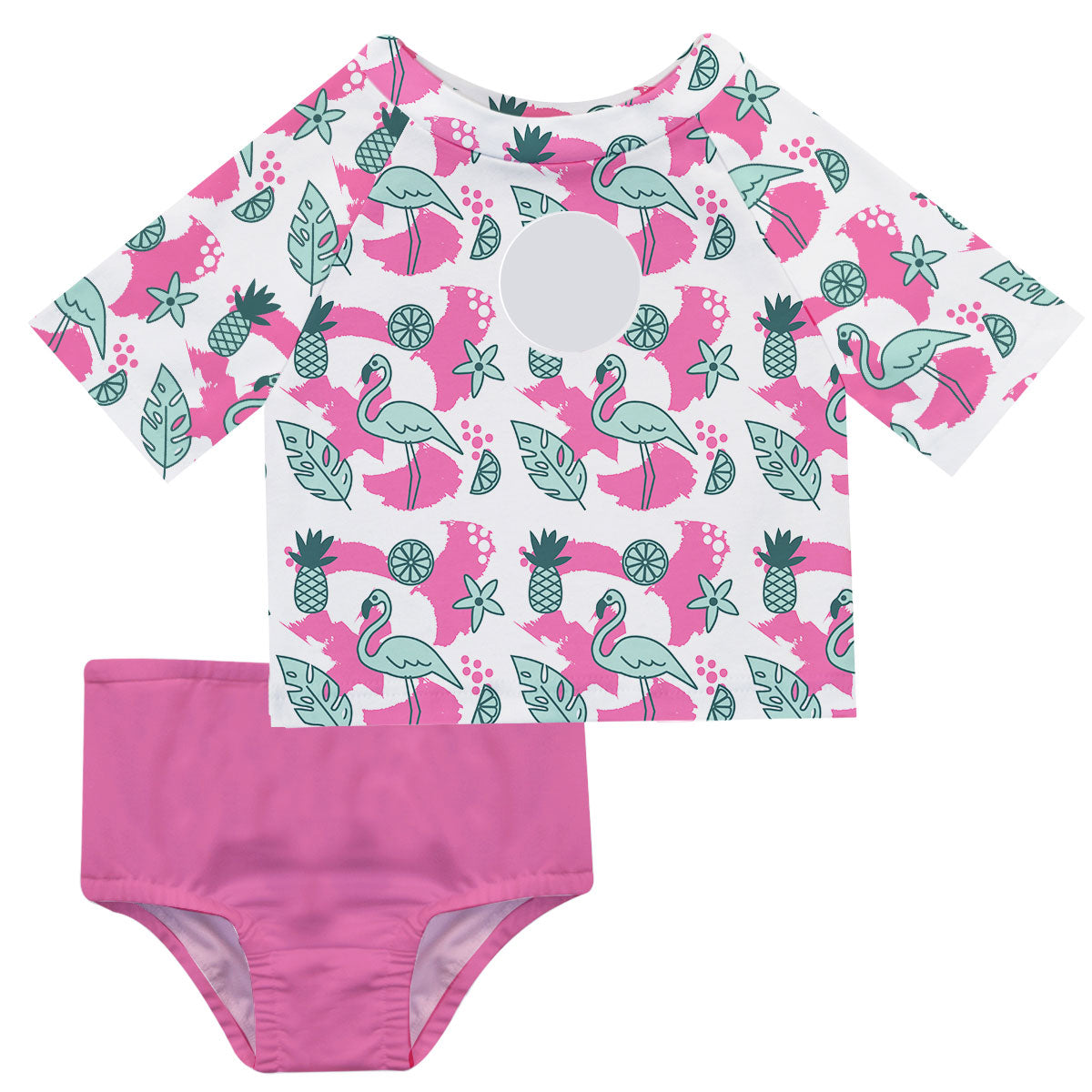 Flamingo Print Monogram White and Pink 2pc Short Sleeve Rash Guard - Wimziy&Co.