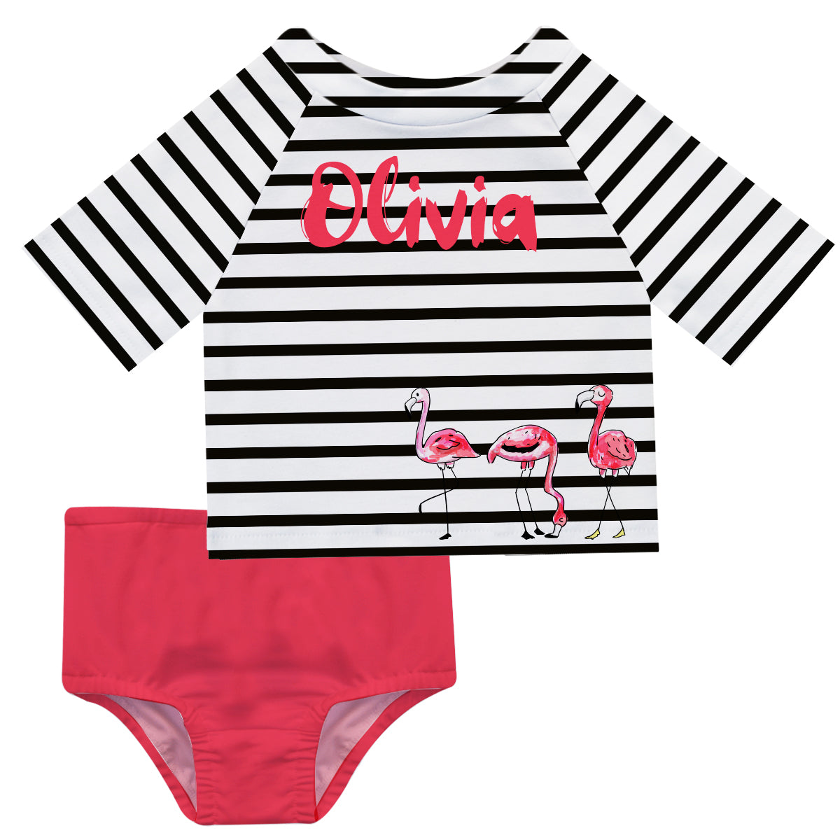 Flamingo Name White and Black Stripes 2pc Short Sleeve Rash Guard - Wimziy&Co.