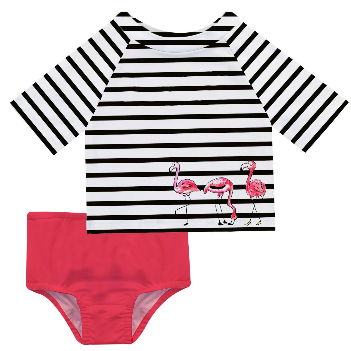 Flamingo Name White and Black Stripes 2pc Short Sleeve Rash Guard - Wimziy&Co.