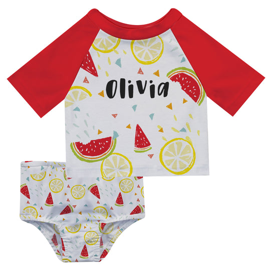 Fruit Print Name White and Red 2pc Short Sleeve Rash Guard - Wimziy&Co.