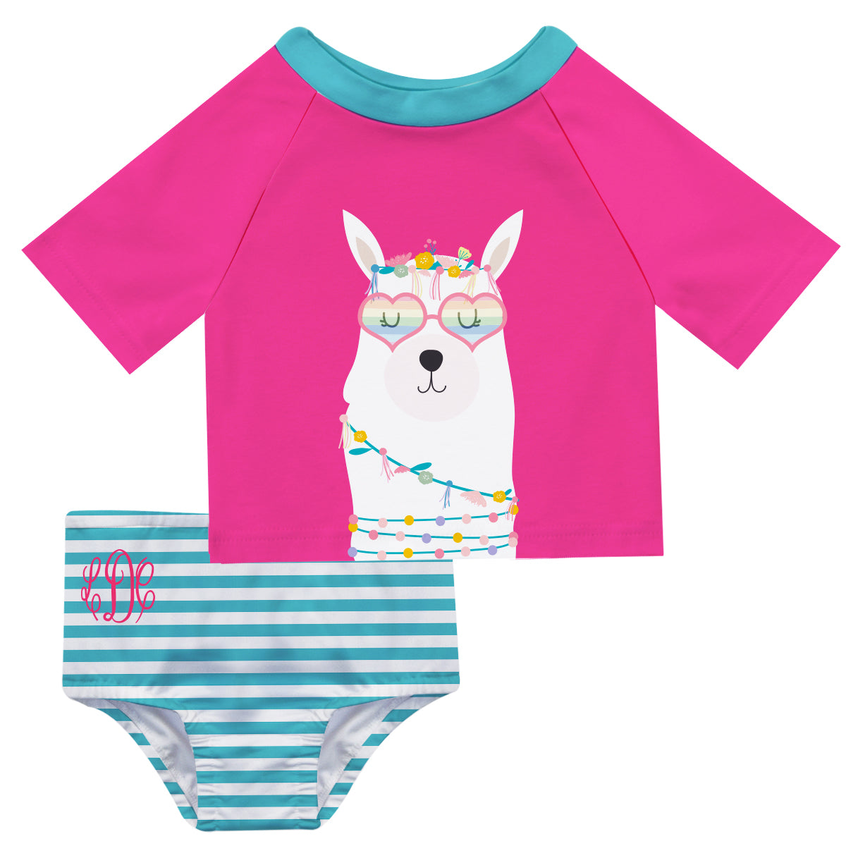 Llama Monogram Hot Pink and Turquoise Stripes 2pc Short Sleeve Rash Guard - Wimziy&Co.