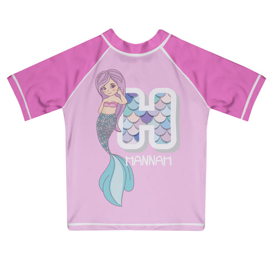 Mermaid Initial and Name Light Pink and Pink Short Sleeve Rash Guard - Wimziy&Co.