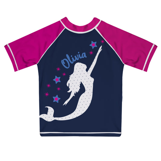Mermaid Stars Name Navy and Hot Pink Short Sleeve Rash Guard - Wimziy&Co.