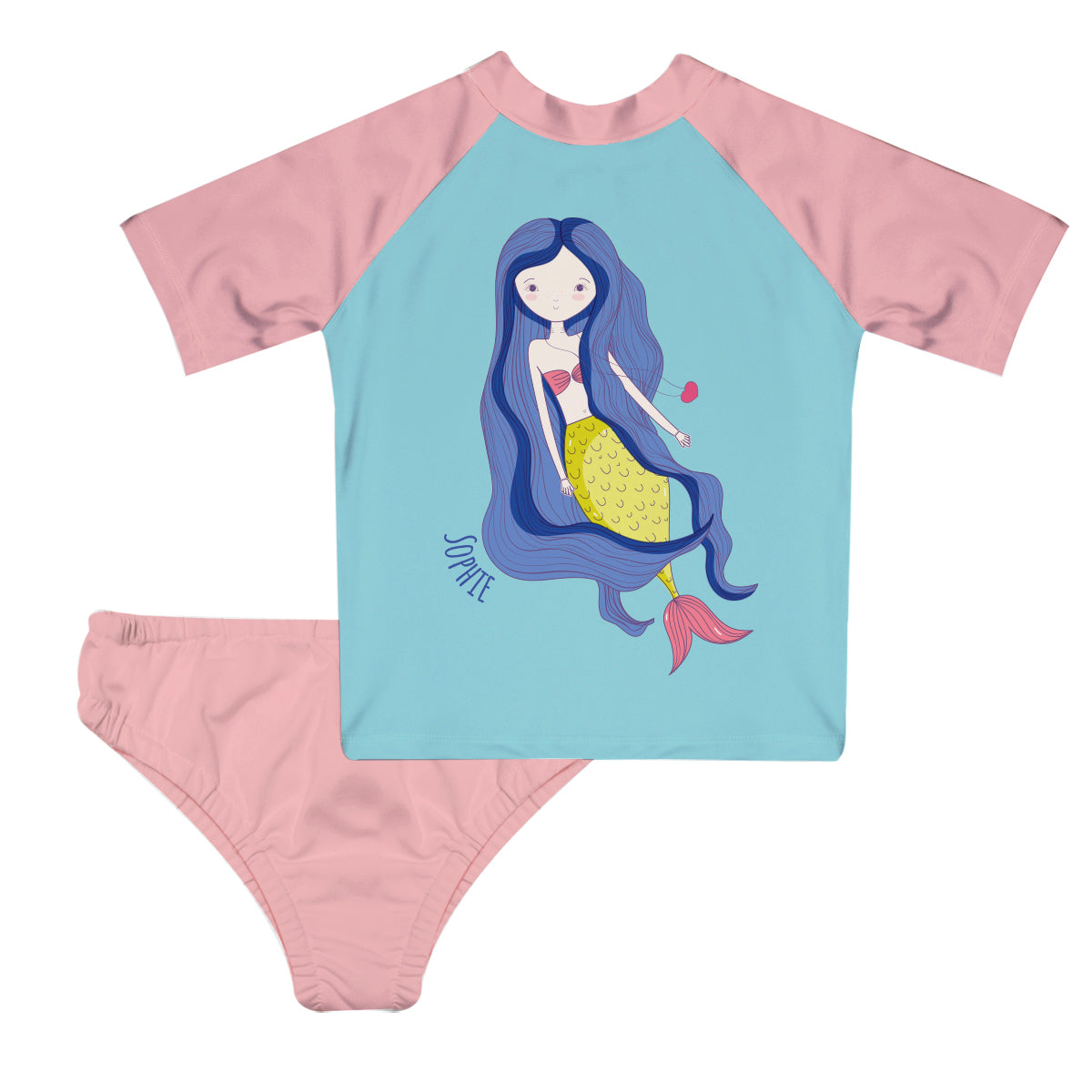 Mermaid Name Aqua And Pink 2pc Short Sleeve Rash Guard - Wimziy&Co.