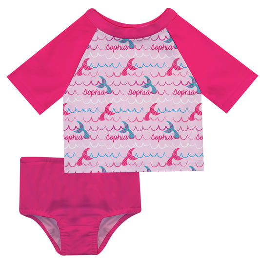 Mermaid Name Print Pink and Hot Pink 2pc Short Sleeve Rash Guard - Wimziy&Co.