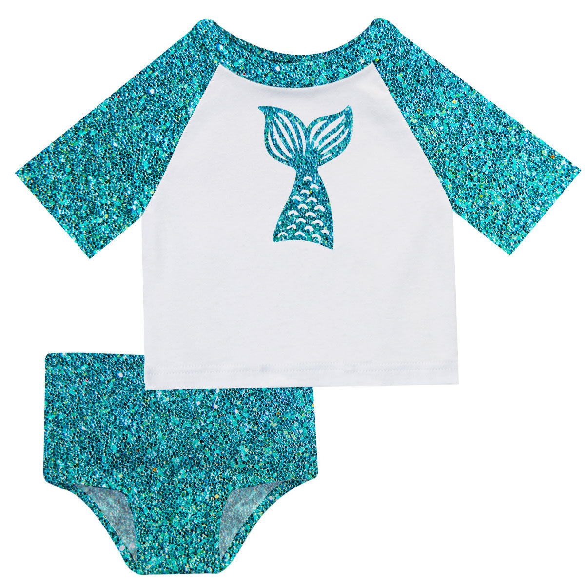 Mermaid Name White and Turquoise Glitter 2pc Short Sleeve Rash Guard - Wimziy&Co.